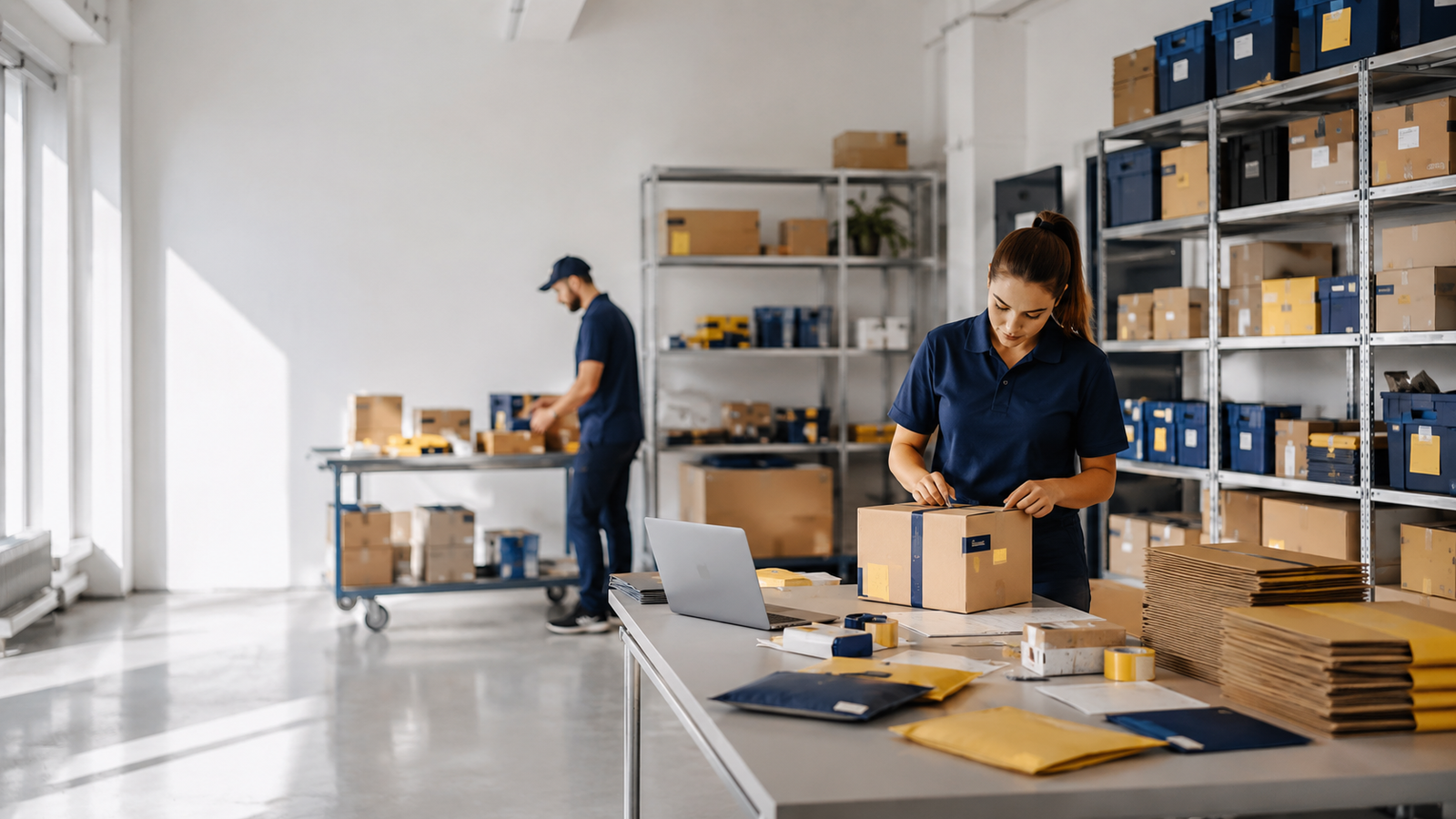 Selfbox Logistics workspace with organized shelving, packing station and staff preparing orders